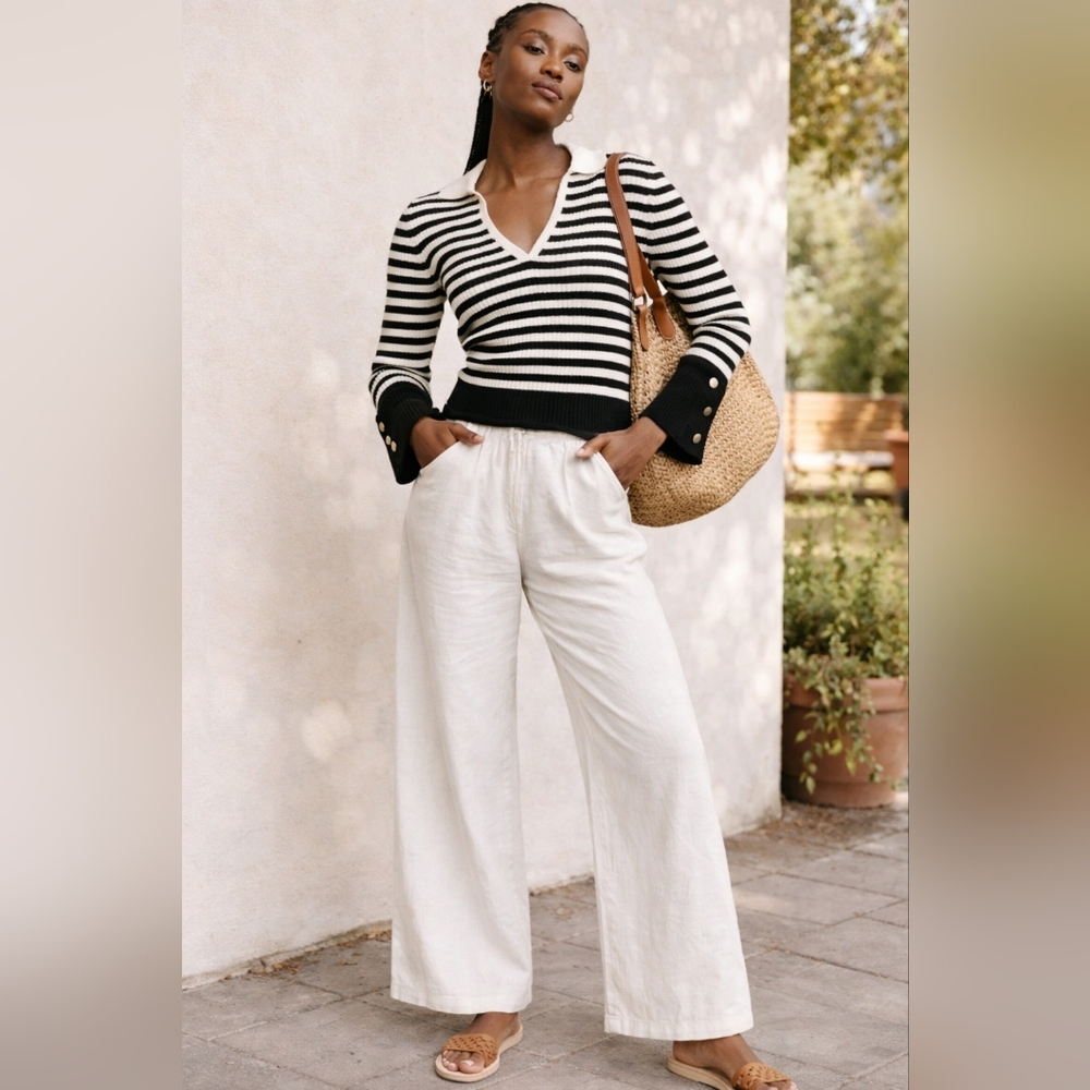 MAEVE By Anthropologie Ribbed Black + Cream Striped Women's Sweater L